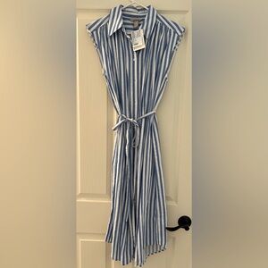 H&M Blue & White Vertical Striped Sleeveless Linen-Blend Dress Size Small